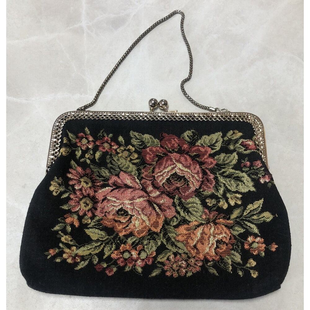 Vintage Floral Tapestry Hand Bag Purse 8.5” Flower Bouquets Chain Kiss lock